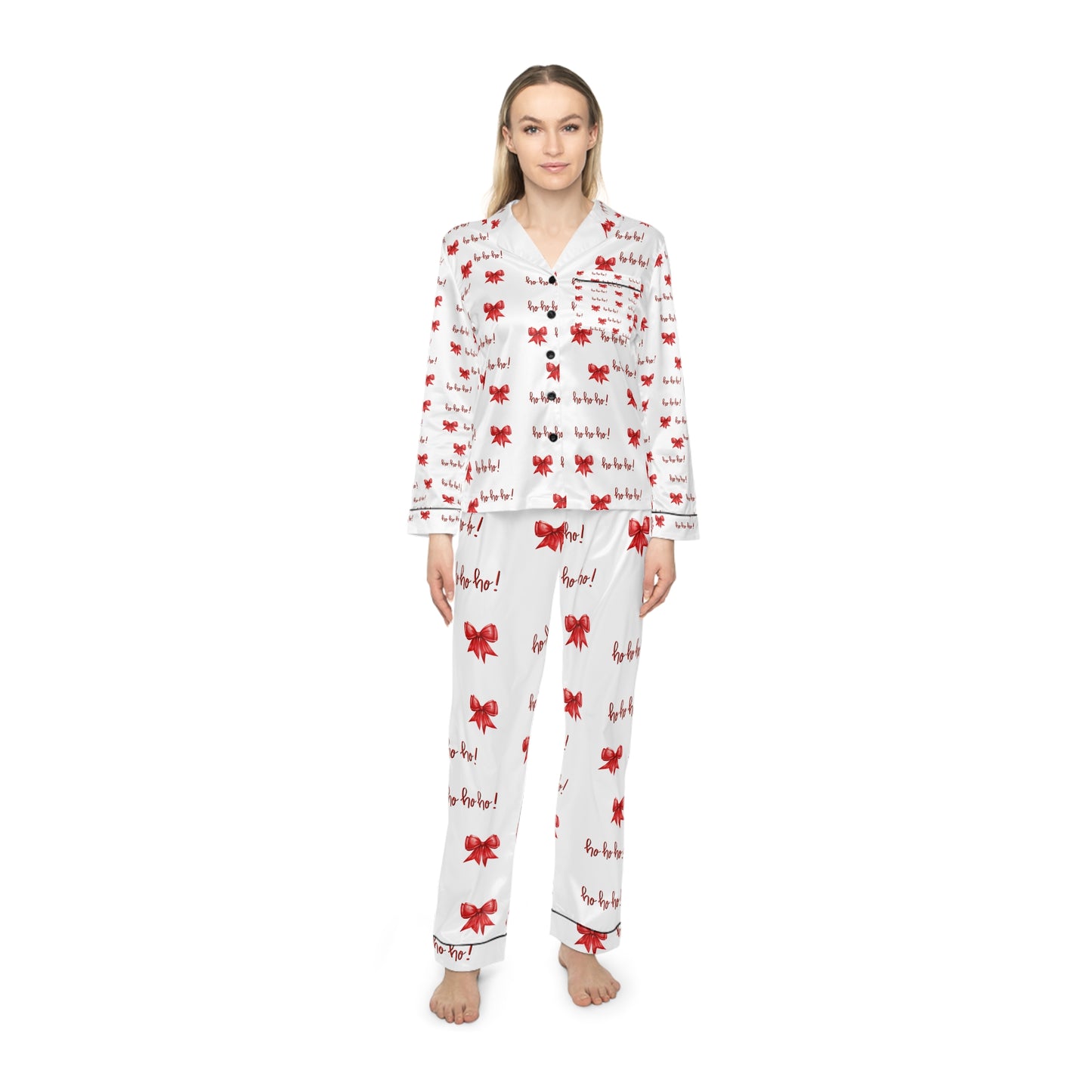 Festive White Satin Pajamas with Red "Ho Ho Ho" and Bows