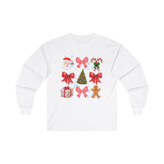 Festive Santa and Bow Long Sleeve Tee