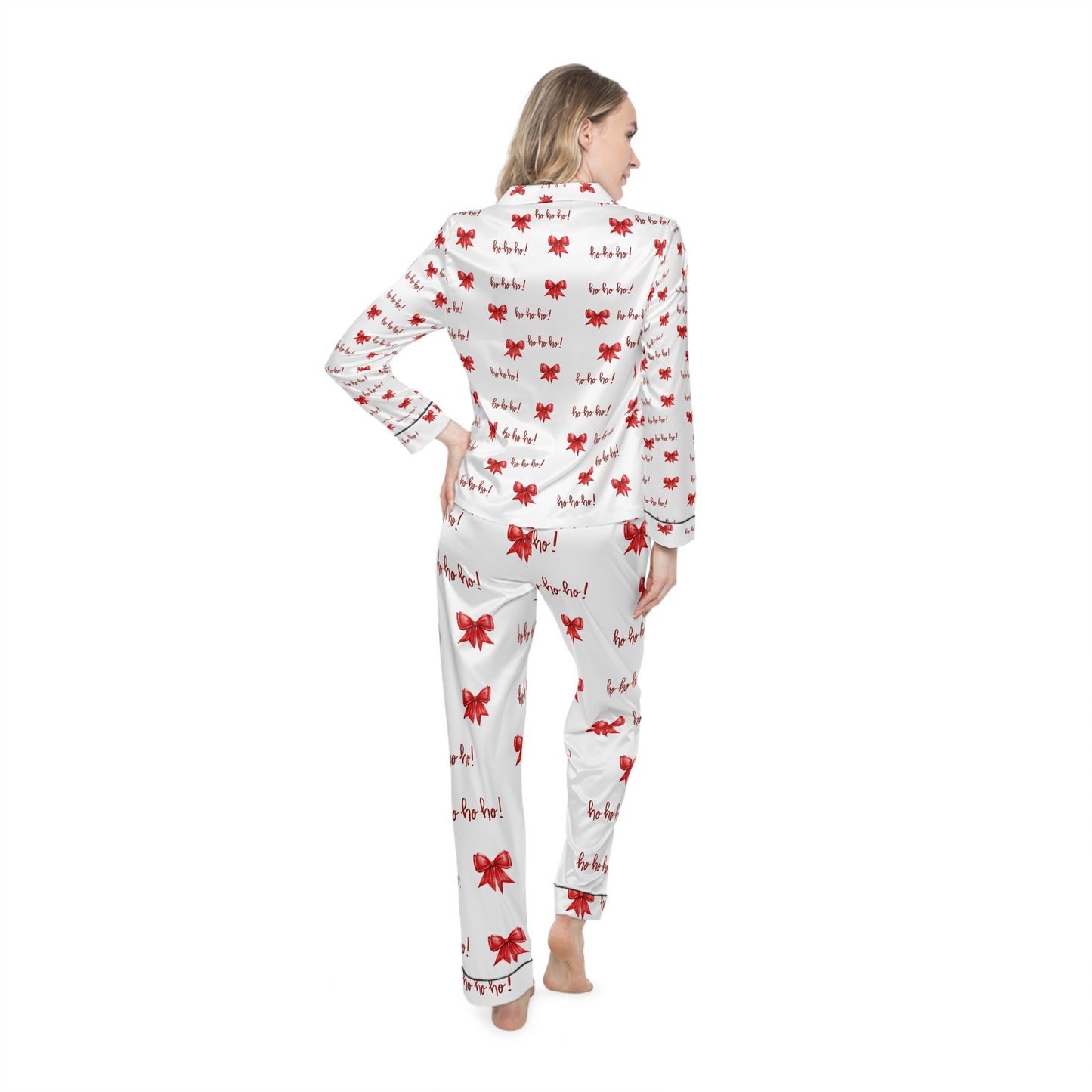 Festive White Satin Pajamas with Red "Ho Ho Ho" and Bows